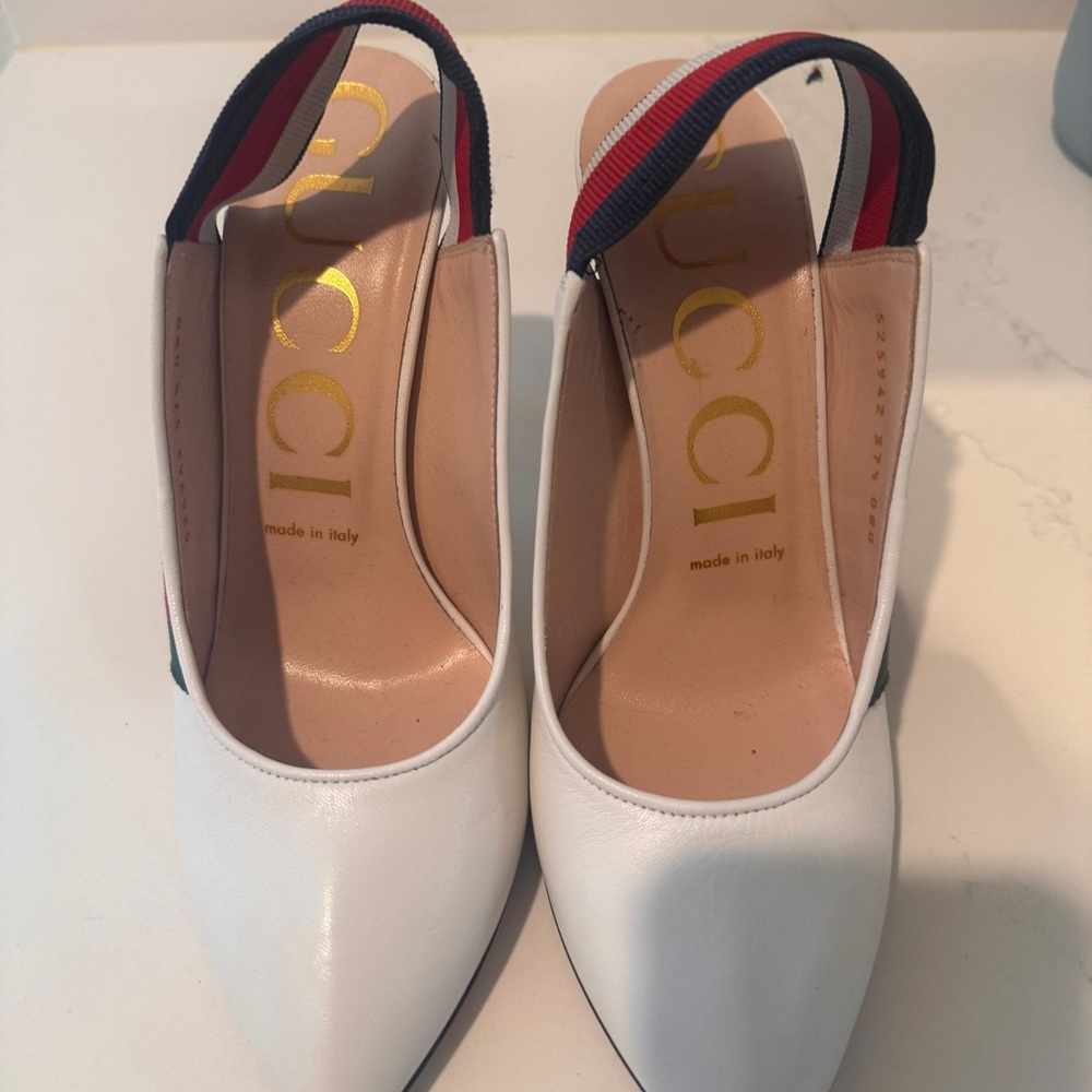 Gucci Women's White Slingback Heels with Red and Blue Accents